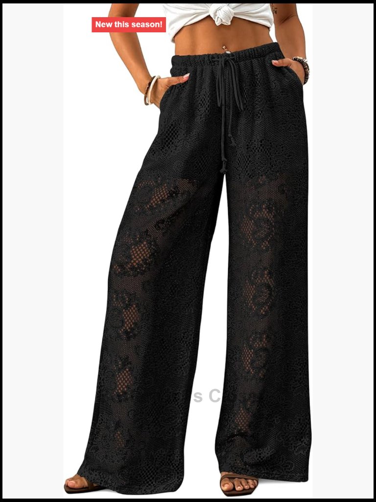 Sheer Crochet Beach Cover Up Pants Wide Leg Drawstring Swimsuit Coverup With